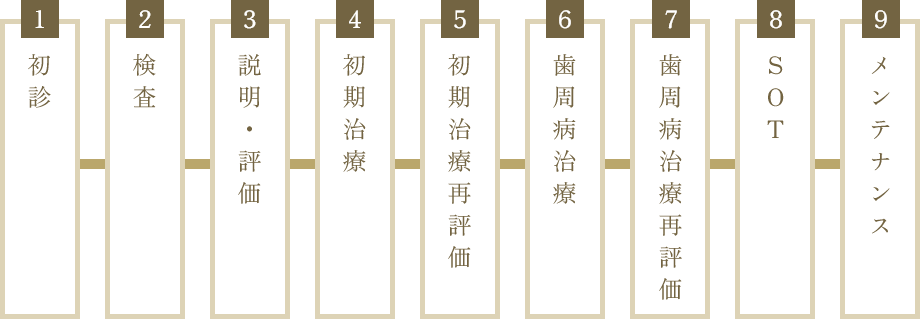 初診 検査説明・評価初期治療再評価治療SOTメインテナンス