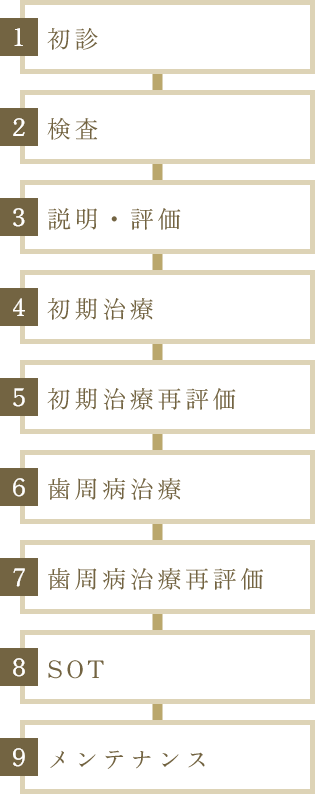 初診 検査説明・評価初期治療再評価治療SOTメインテナンス
